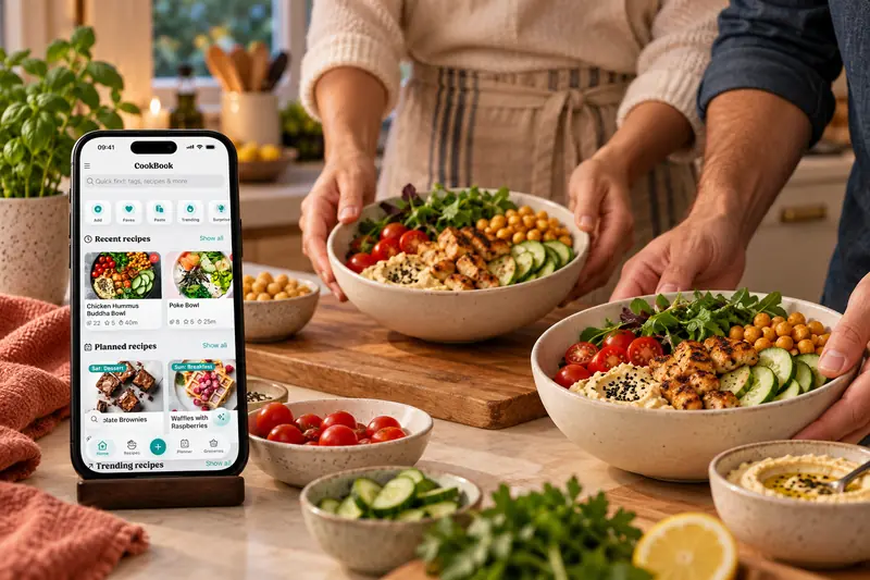 Dwie osoby w domowej kuchni podają miski z kurczakiem i hummusem obok telefonu z CookBook