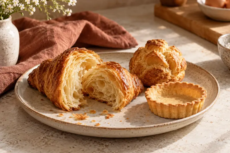 Listkujący croissant, ptyś i spód tarty na ceramicznym półmisku