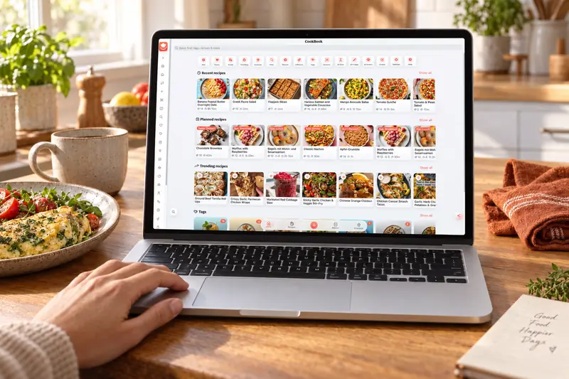 Die CookBook-Web-App auf einem Laptop am Küchentisch neben einem Omelett