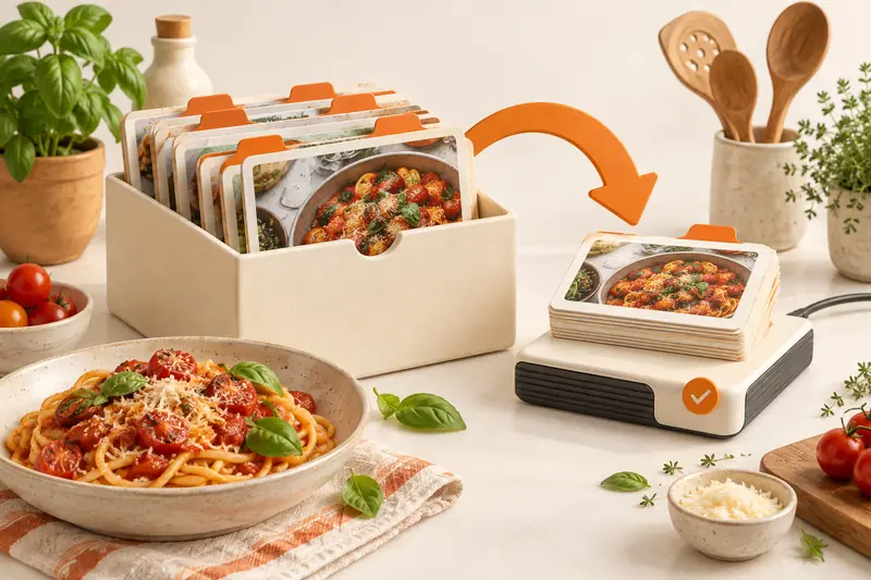 Ilustração de uma coleção de receitas copiada para uma segunda pilha de fichas junto a um disco de armazenamento