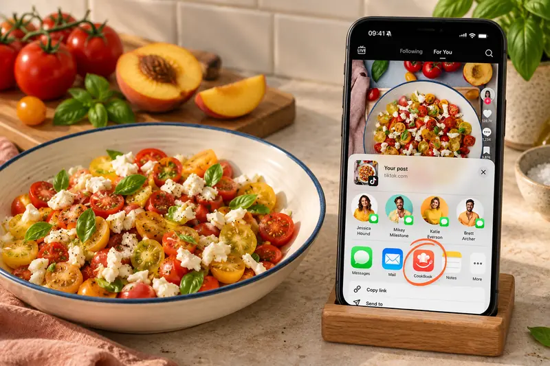 Ein TikTok-Rezept wird auf dem Smartphone mit CookBook geteilt, daneben steht der passende Tomaten-Pfirsich-Salat