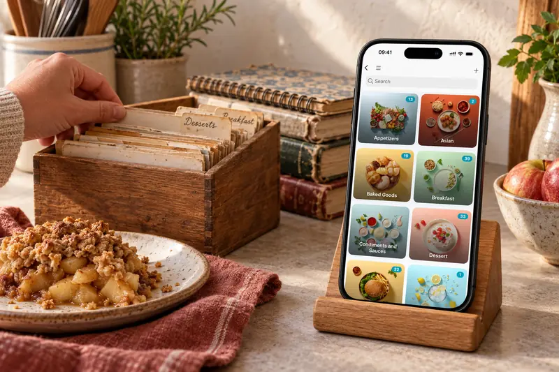 Categorias de receitas do CookBook num telemóvel ao lado de uma caixa de receitas de família e crumble de maçã