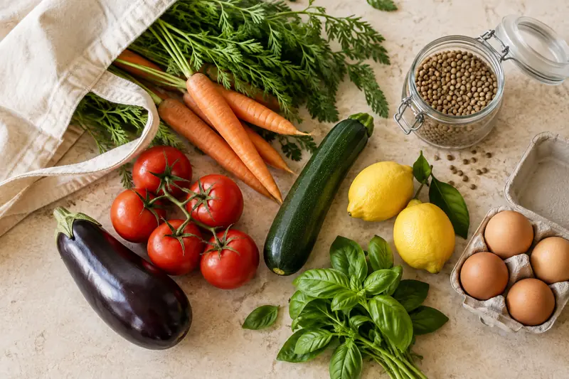 Légumes frais, herbes aromatiques, œufs et lentilles sortis d’un sac de courses
