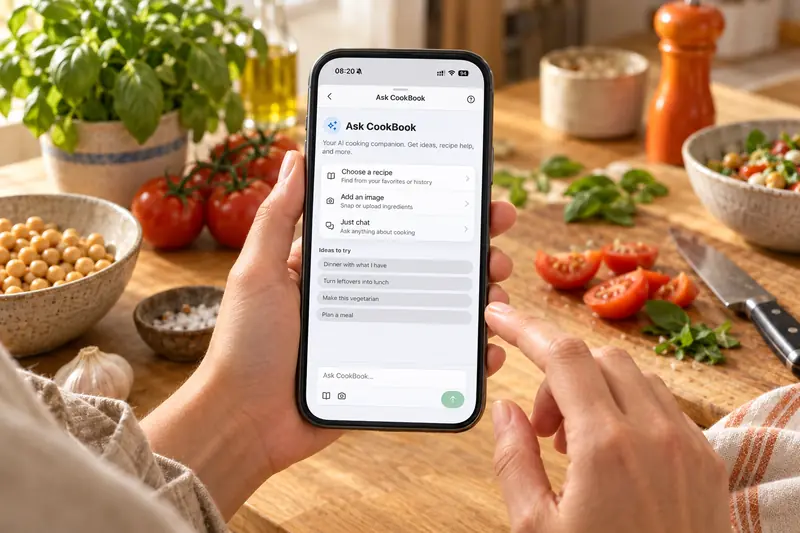 A home cook holding a phone with the Ask CookBook screen beside tomatoes, basil and chickpeas