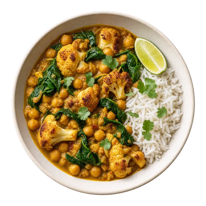 Chickpea and cauliflower curry with rice, spinach and lime