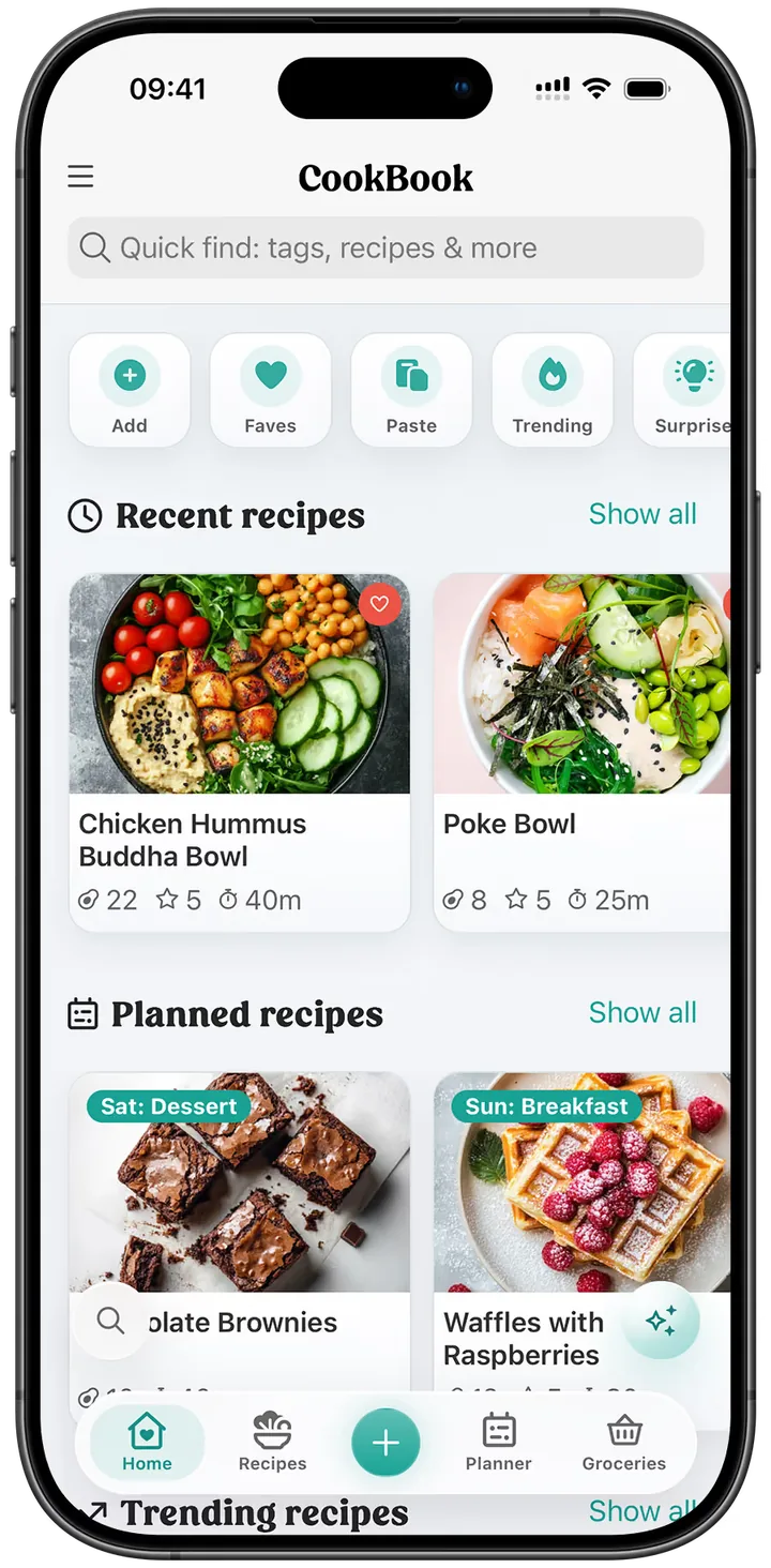 app CookBook a mostrar receitas guardadas e refeições planeadas