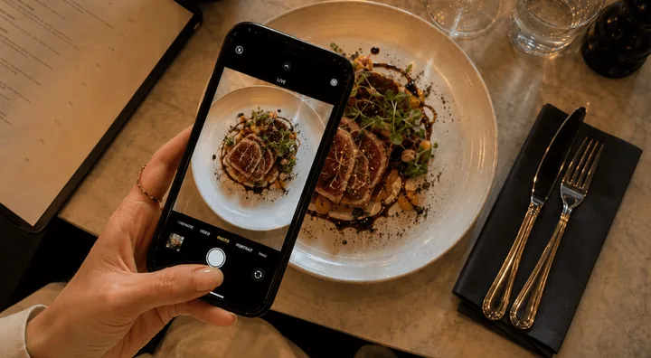 Taking a photo of a restaurant dish for recipe inspiration