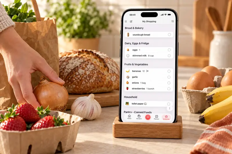 La liste de courses CookBook sur un téléphone, à côté de provisions tout juste sorties des sacs