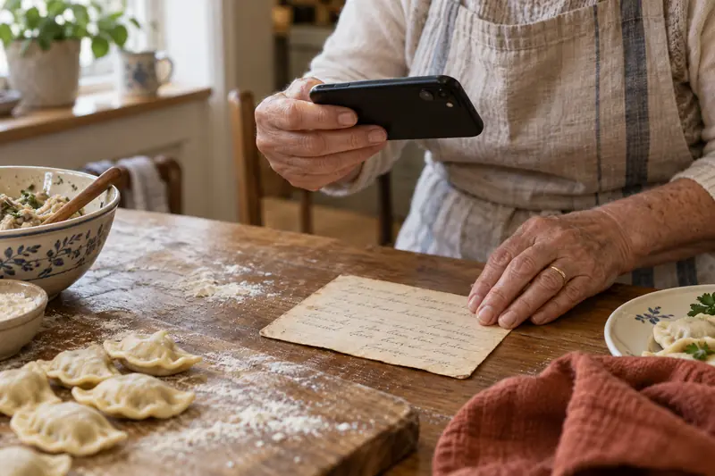 Une personne photographie une recette de famille manuscrite à côté de raviolis maison