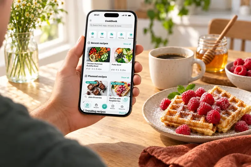 Receitas guardadas no CookBook num telemóvel ao lado de waffles com framboesas