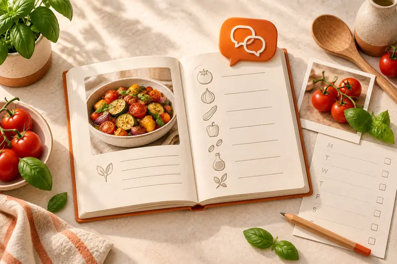 Illustration of an open recipe book, a conversation symbol and a meal planner beside fresh ingredients