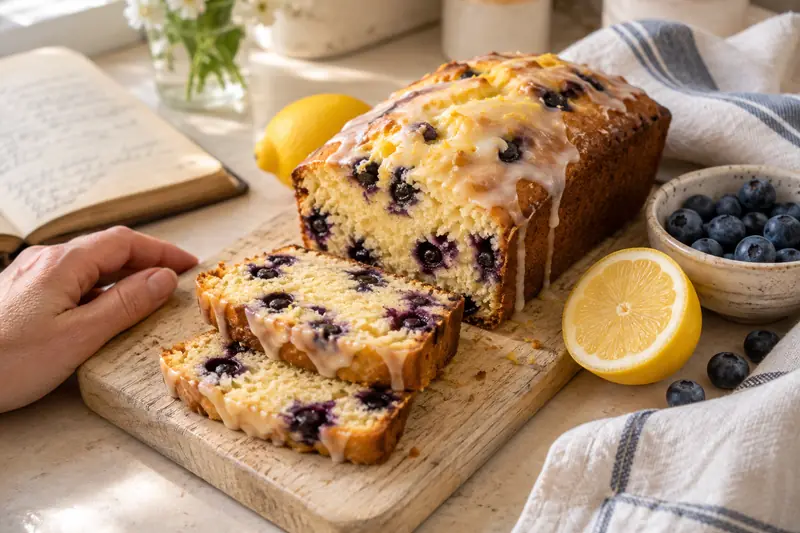 Un cake au citron et aux myrtilles coupé en tranches, à côté d’un carnet de recettes de famille