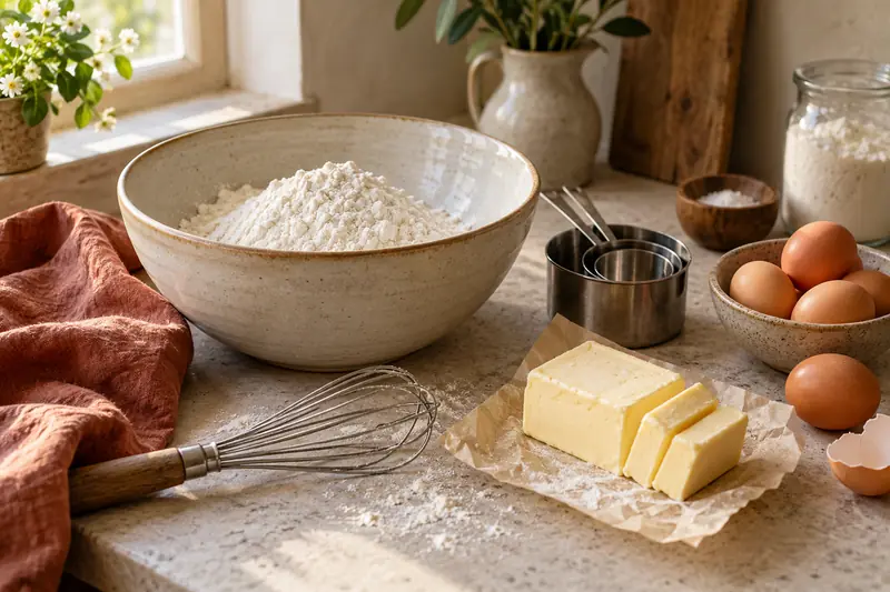 Farine, tasses à mesurer, œufs et beurre prêts pour la pâtisserie