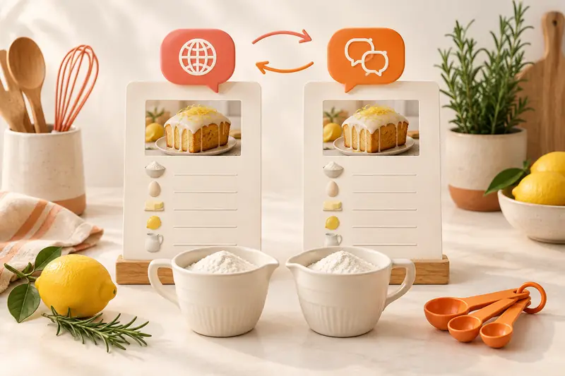 Ilustração de duas fichas de receitas com balões de diálogo diferentes e medidas iguais de farinha