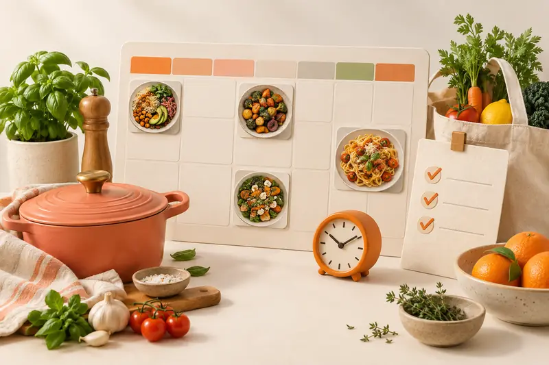 Ilustração de um calendário de refeições, uma panela, um relógio e uma lista de compras