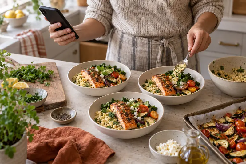 Jemand schaut aufs Smartphone und portioniert dabei Lachs, Couscous und Gemüse