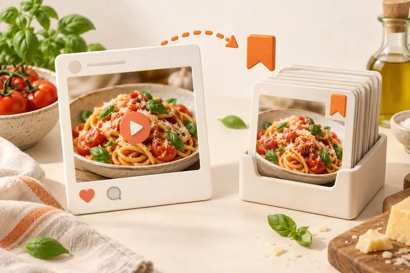 Ilustração de uma publicação com um vídeo de massa a ser guardada numa coleção de fichas de receitas