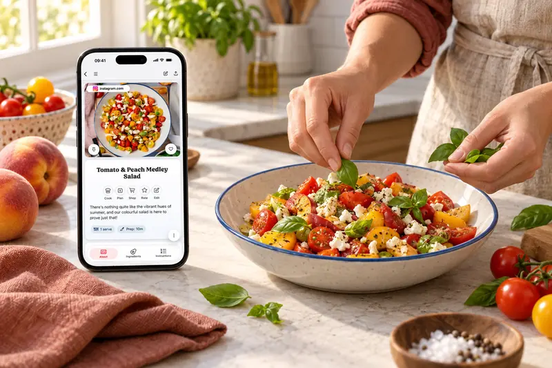 Uma receita do Instagram guardada no CookBook ao lado de uma salada de tomate e pêssego igual à da receita