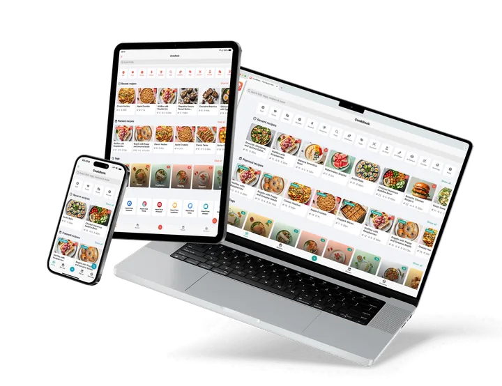 Ein Laptop, ein Tablet und ein Smartphone mit der CookBook-App