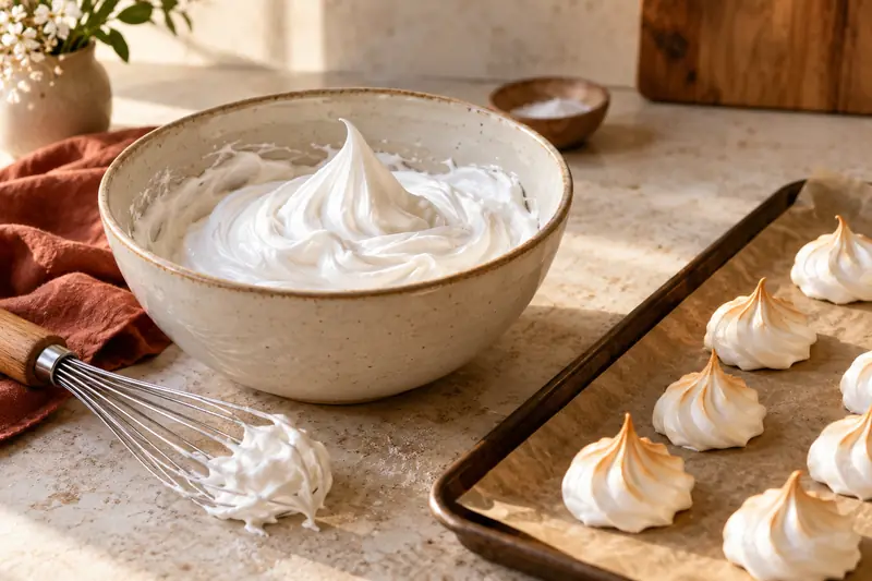 Whipped meringue in a bowl beside a whisk and baked meringue kisses