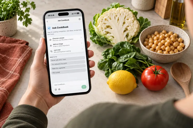 A home cook opening Ask CookBook beside cauliflower, chickpeas and fresh vegetables
