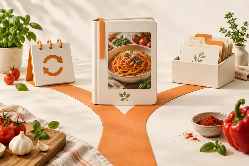 Ilustração de um livro de receitas entre um calendário com símbolo de repetição e um arquivo de fichas de receitas