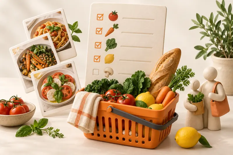 Ilustração de fotografias de pratos, uma lista de compras e um cesto de ingredientes frescos