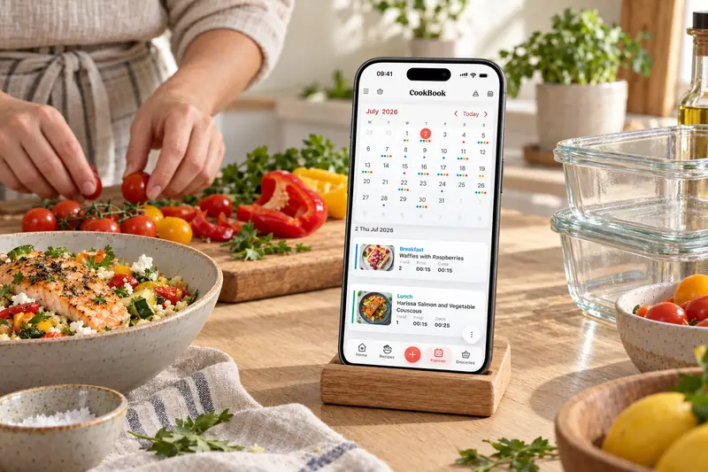 Le calendrier des repas de CookBook sur un téléphone, à côté de couscous au saumon et de boîtes pour les repas