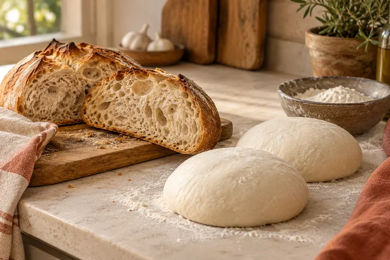 Pokrojony bochenek chleba rustykalnego i kulki ciasta na pizzę obok mąki na kuchennym blacie
