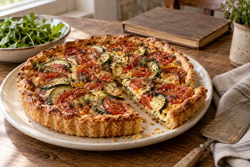 Tarte aux tomates et courgettes à côté d’une salade et d’un carnet de recettes familial