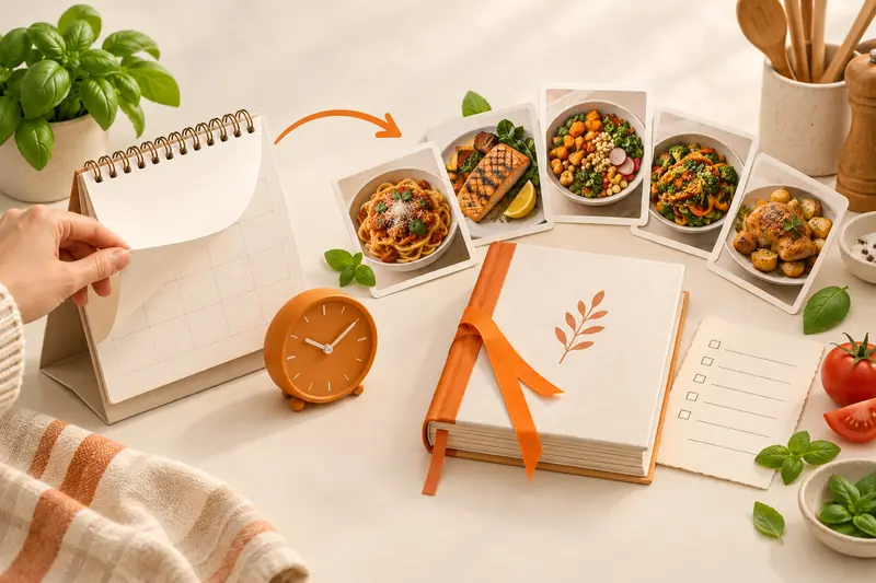 Ilustração de uma página de calendário a ser virada junto a fotografias de jantares e um livro de receitas