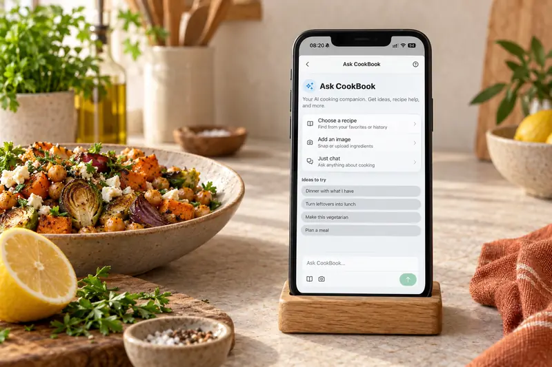 Ask CookBook aberto num telemóvel ao lado de legumes assados e grão-de-bico