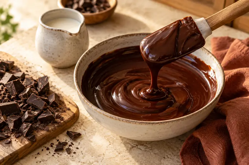 Ganache au chocolat noir tombant d’une spatule à côté de chocolat haché et de crème