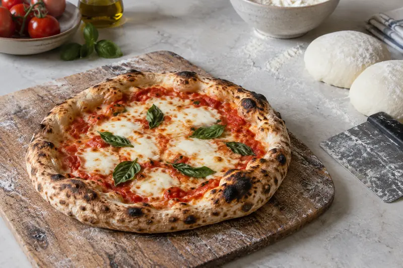 A homemade margherita pizza beside raw dough balls and a dough scraper