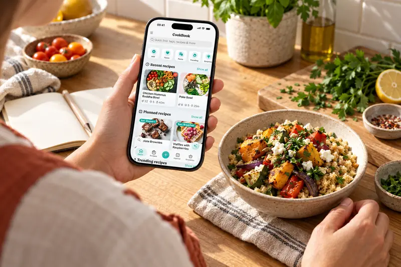 Uma pessoa a consultar o CookBook no telemóvel, na sua cozinha, ao lado de uma refeição acabada de preparar